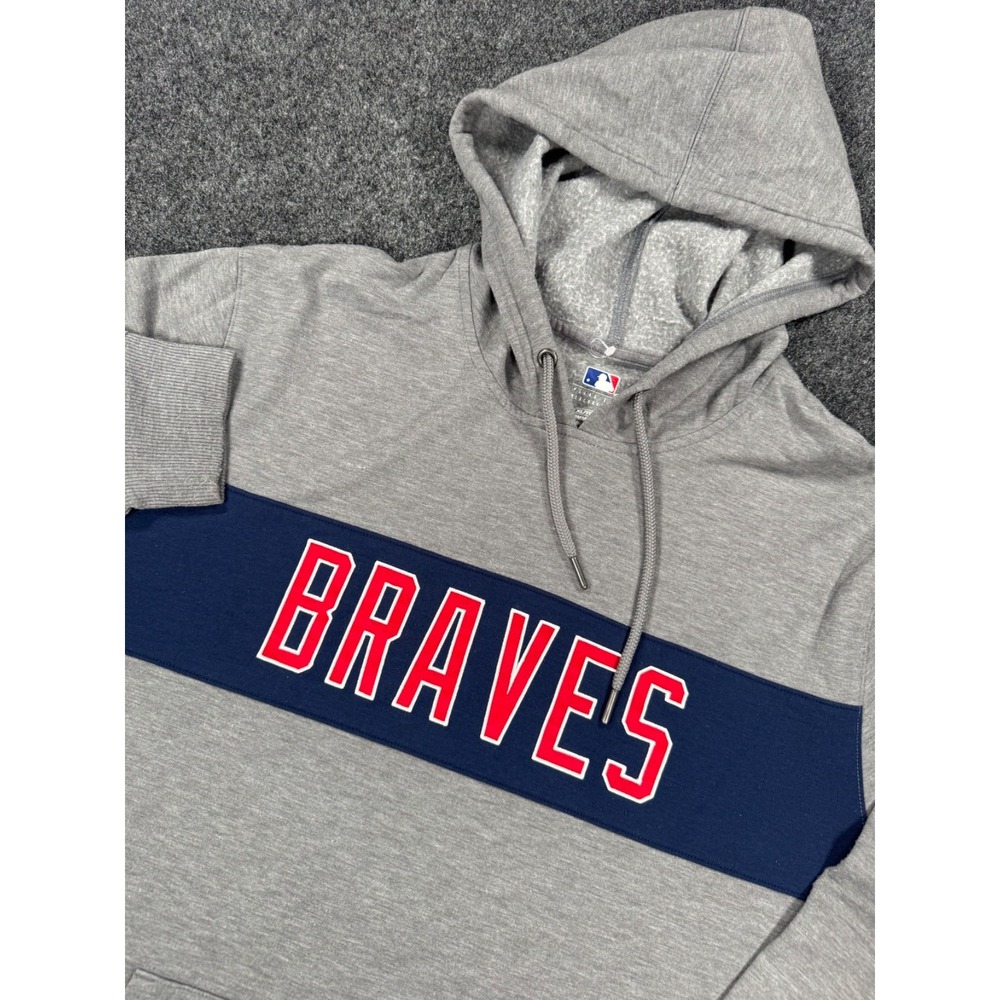 Atlanta Braves Hoodie Mens XL MLB Gray Navy Spellout Pullover Sweatshirt
